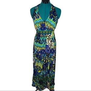 Bisou Bisou peacock halter maxi dress